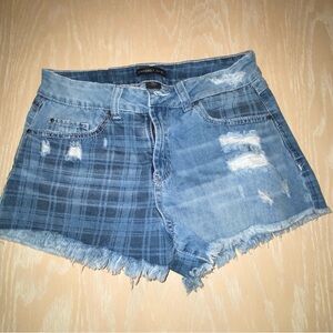 SINCERELY JULE Plaid Distressed Patchwork Jean Shorts